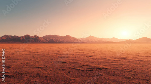 vast Martian landscape with mountains and warm sunset glow