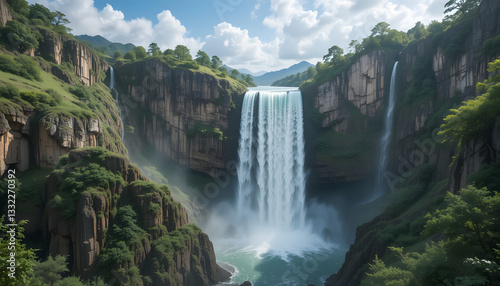 Stunning Waterfall Cascading Down a Lush Green Cliff Surrounded by Dense Forest and Untouched Natural Wilderness
