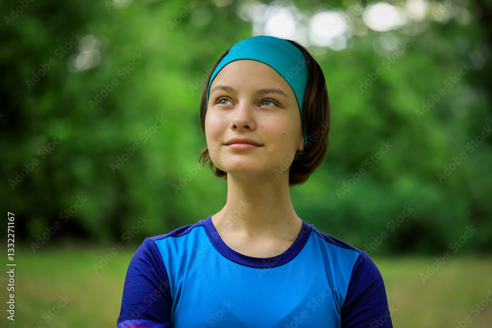 Portrait of beautiful teen girl in sports clothes outdoors in park in summer