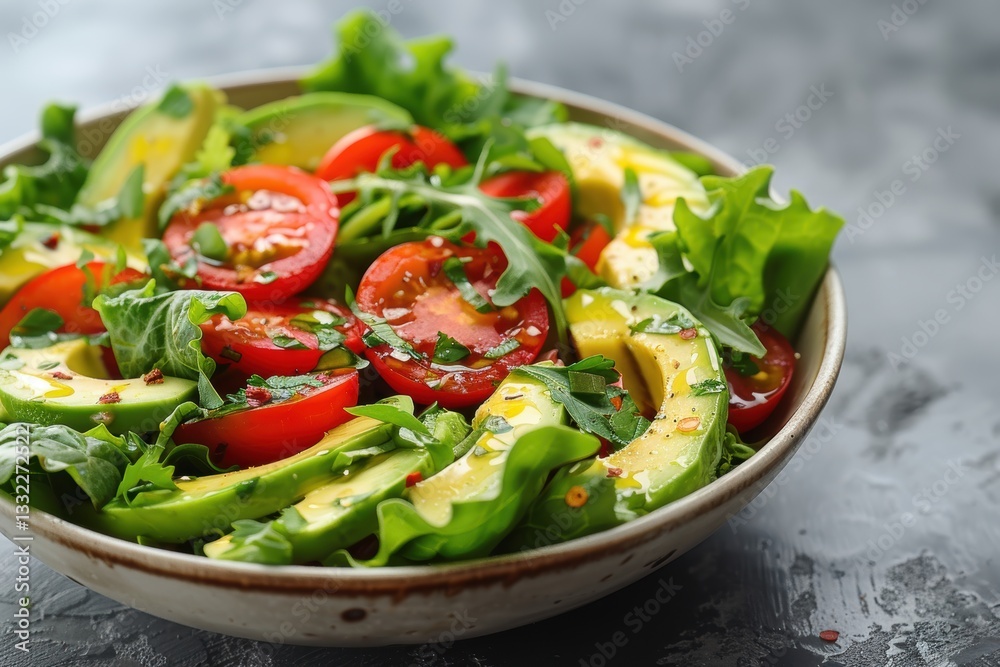 salad with avocado and fresh vegetables in a bowl on a grey concrete background. salad with avocado and fresh vegetables in a bowl on a grey concrete background.