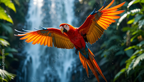 Vibrant Scarlet Macaw Soaring Through a Lush Tropical Rainforest, Wings Spread Wide Against the Backdrop of a Cascading Waterfall