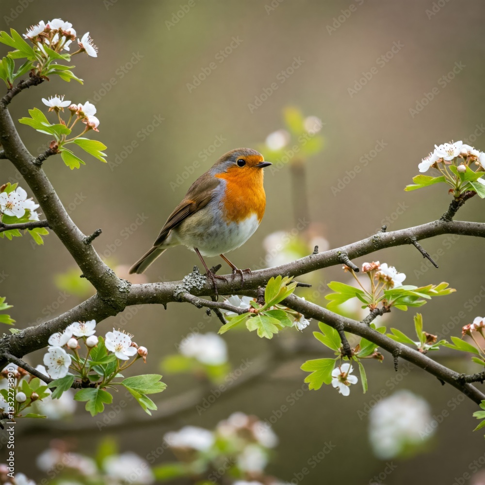 The Robin. Robin sitting on a branch of a hawthorn tree in spring The Robin. Robin sitting on a branch of a hawthorn tree in spring