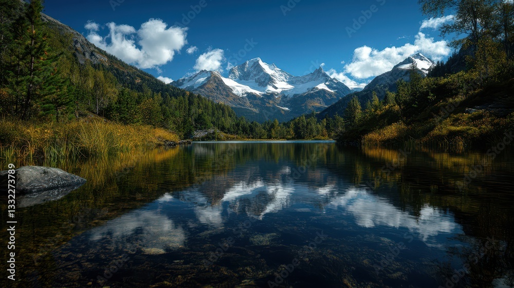 A captivating view of majestic mountains reflecting in a serene lake, surrounded by lush greenery and blue sky, capturing the essence of nature's beauty and tranquility. A captivating view of majestic mountains reflecting in a serene lake, surrounded by lush greenery and blue sky, capturing the essence of nature's beauty and tranquility.