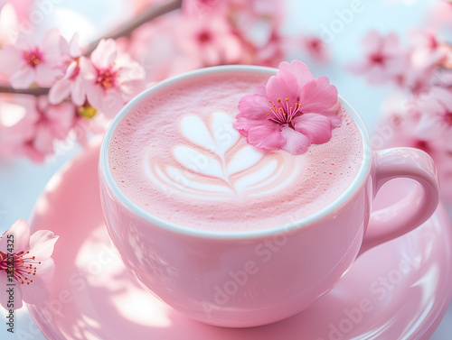 A delicate cherry blossom latte with a soft pink hue and floral latte art, served in a pastel cup beneath blooming sakura trees in a serene spring setting.