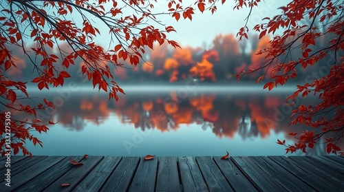 An autumn scene with vibrant orange and red leaves on tree branches framing a calm lake, a rustic wooden deck or table in the foreground, and blurred autumn foliage reflecting in the water