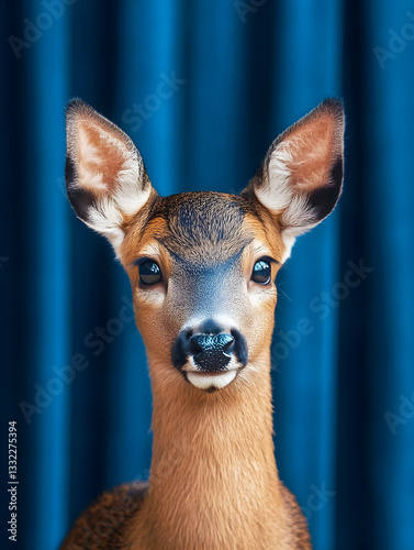 Portrait of a musk deer with steely eyes, dark blue curtain background