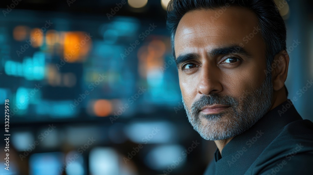 Confident Middle-Aged Businessman in Front of a Data Screen Confident Middle-Aged Businessman in Front of a Data Screen