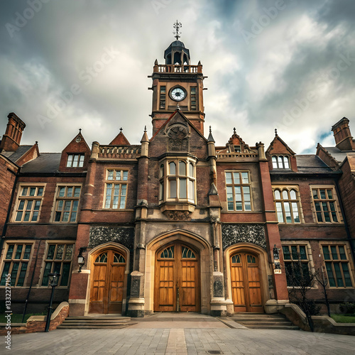 a grand old victorian style school building with tower and clock