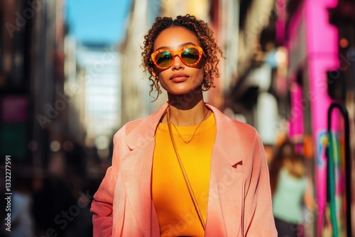 Stylish woman wearing sunglasses walking in a colorful city street