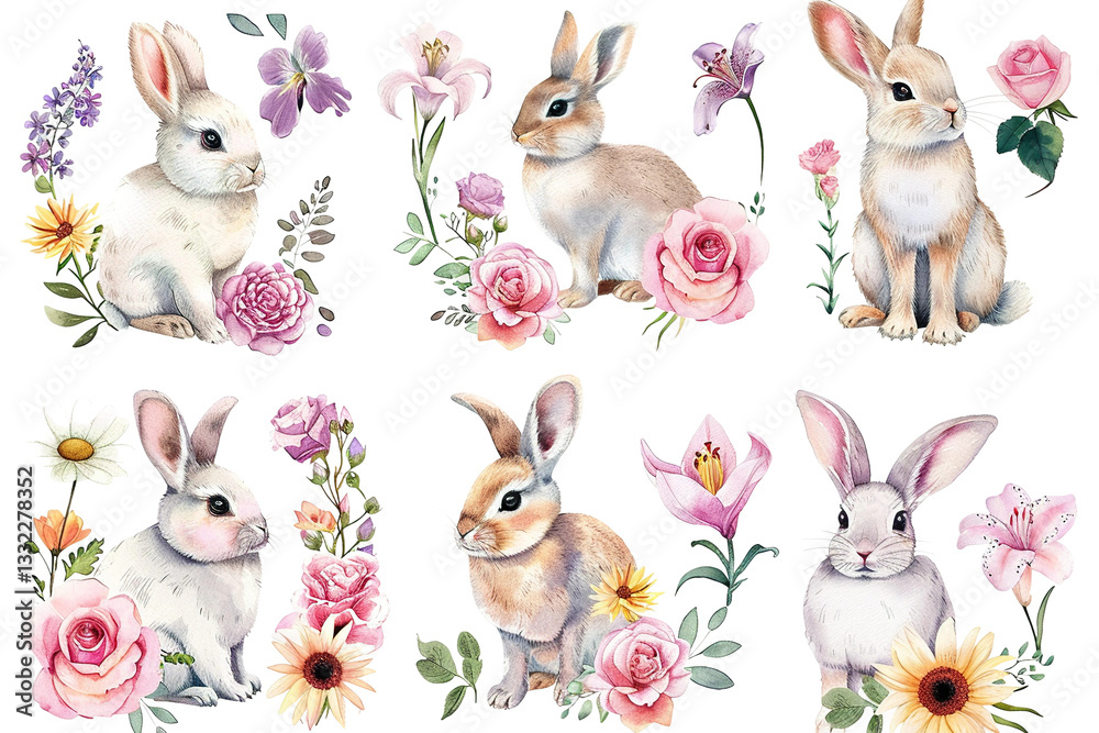 Group of Watercolor Bunnies with Roses and Spring Flowers Group of Watercolor Bunnies with Roses and Spring Flowers