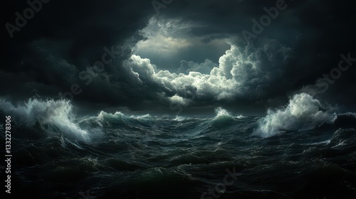 A captivating scene of a stormy sea under dark, brooding clouds, depicting the raw power of nature and evoking feelings of awe and respect for the ocean's might.