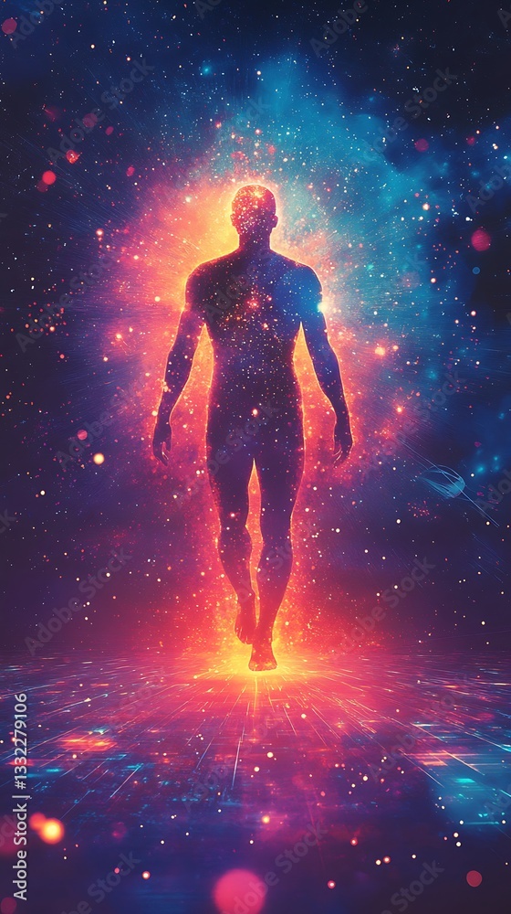 Obraz premium A human figure walks toward bright light in a cosmos setting