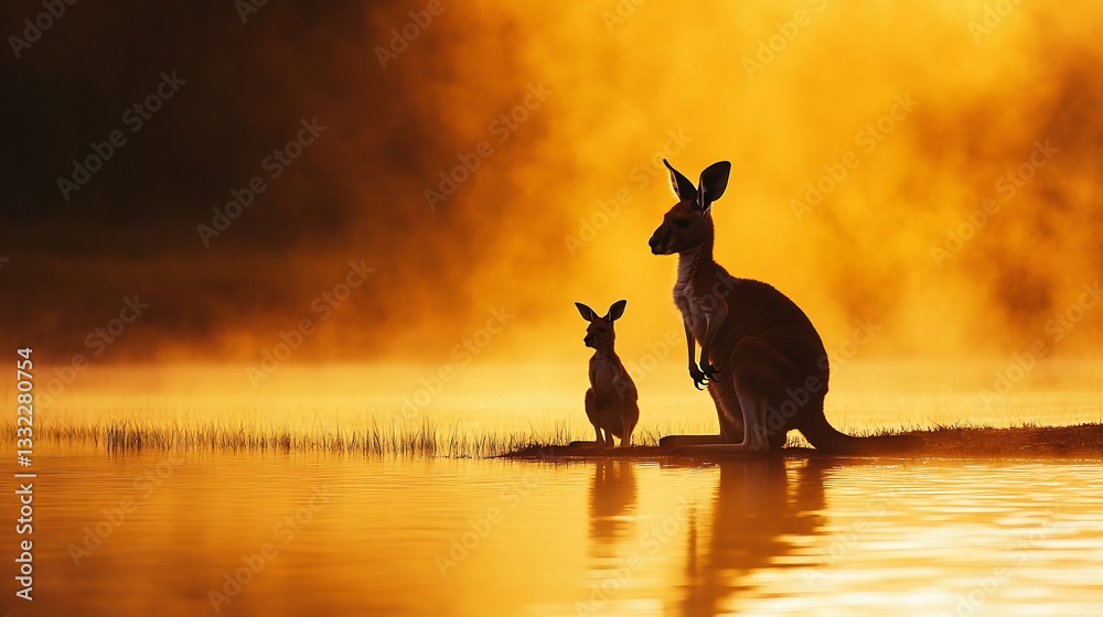 Mother kangaroo her joey standing quietly misty riverbank sunrise their silhouette softened golden morning fog Gentle ripple water reflect warm hue of dawn creating painterly dreamlike composition Mother kangaroo her joey standing quietly misty riverbank sunrise their silhouette softened golden morning fog Gentle ripple water reflect warm hue of dawn creating painterly dreamlike composition