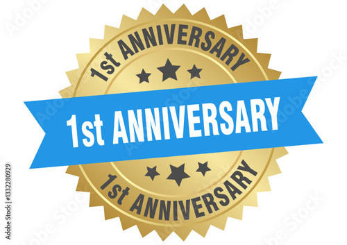1st anniversary. 1st anniversary round blue and gold label isolated on transparent background
