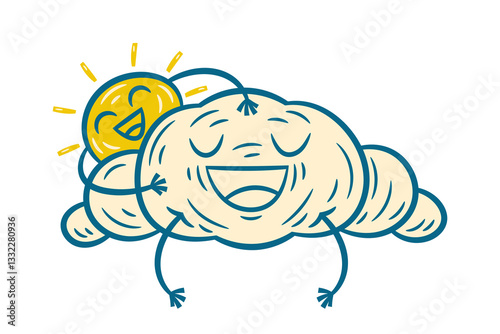 the smiling sun character hugs the happy cartoon cloud. Vector illustration isolated on white.