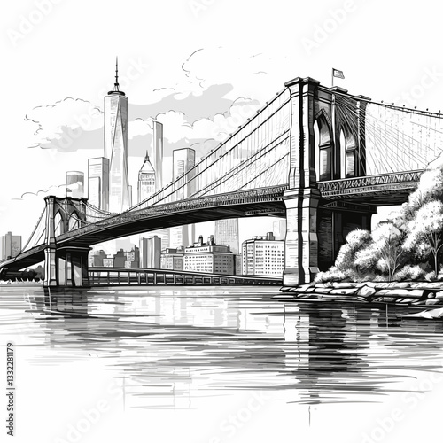 Brooklyn Bridge. Brooklyn Bridge hand-drawn comic illustration. Vector doodle style cartoon illustration