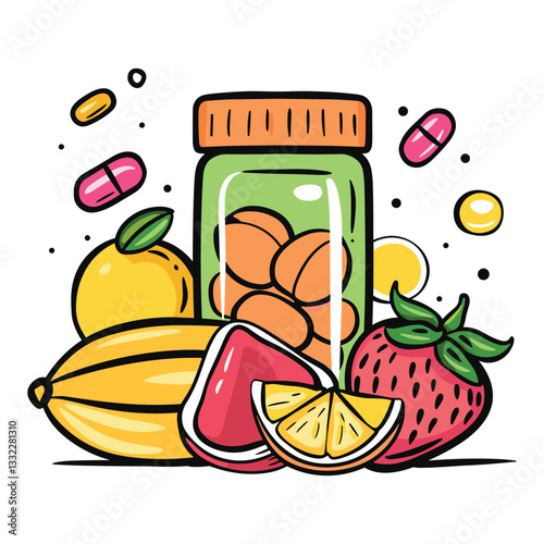 Vitamin Pills and Fresh Fruits - Hand-Drawn Health Supplement Illustration