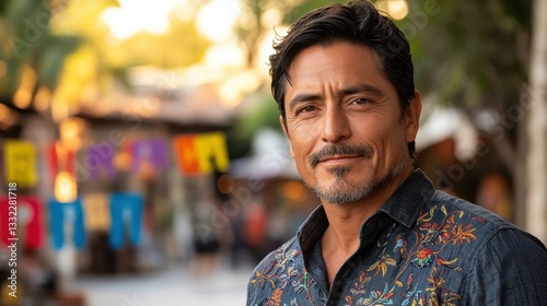 Confident Middle-Aged Man Smiling in Festive Latin American Setting