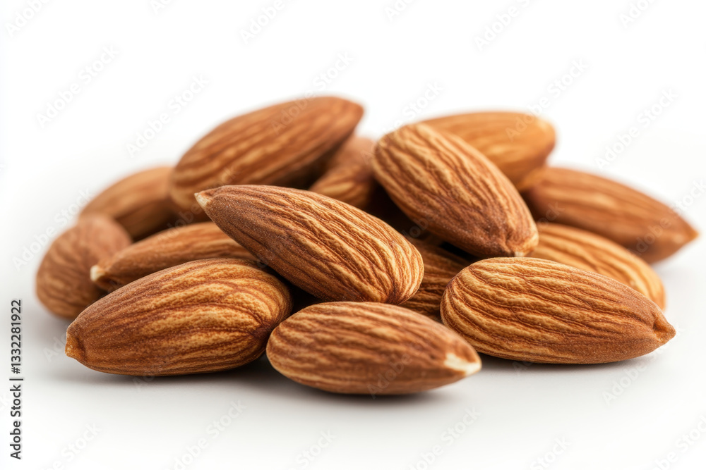Almonds arranged neatly on white background, casting soft shadows. Almonds arranged neatly on white background, casting soft shadows.