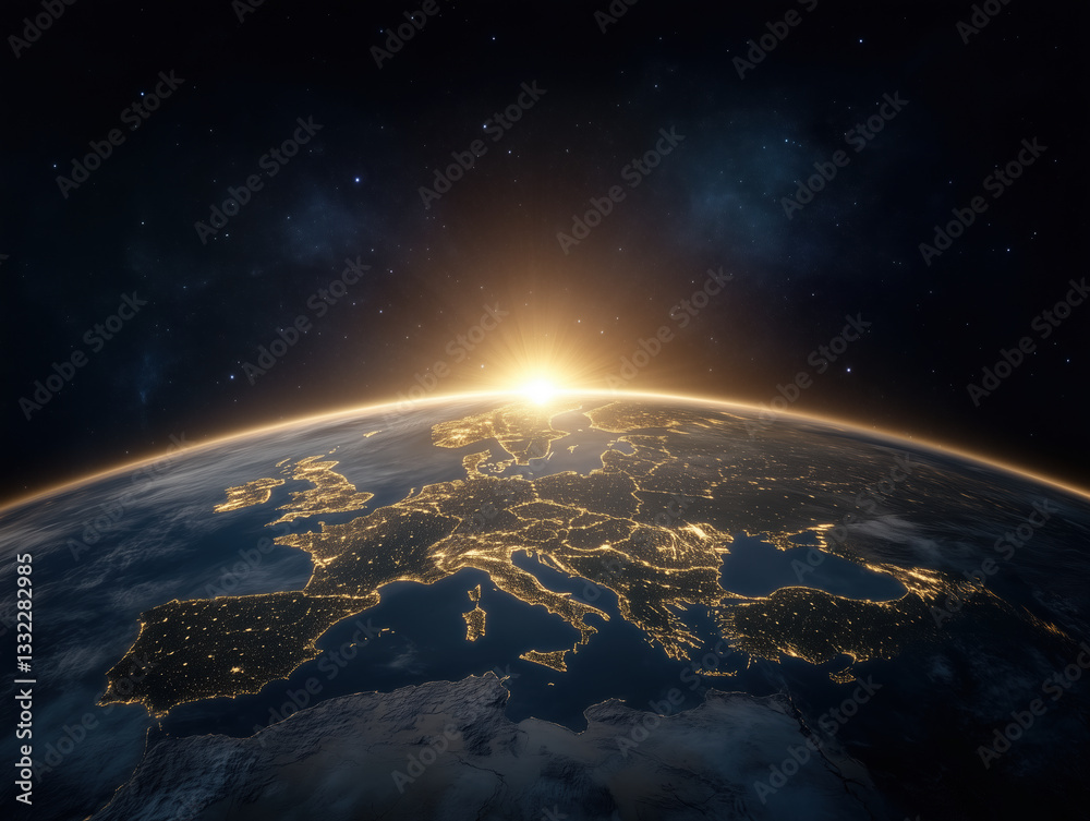 Obraz premium breathtaking view of Earth from space, showcasing Europe illuminated by city lights as sun rises on horizon, creating hopeful and serene atmosphere