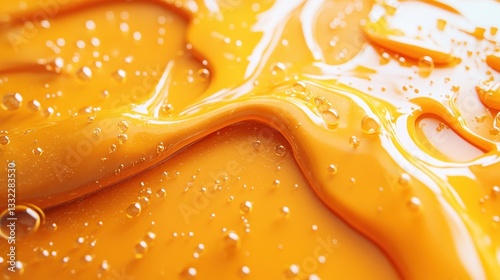 Orange liquid flowing, bubbles, close-up, texture, cosmetic background