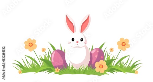 Adorable Easter Bunny with Colorful Eggs in Spring Grass - Easter Celebration Scene