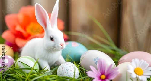 Adorable Easter Bunny with Colorful Eggs in Spring Grass - Easter Celebration Scene