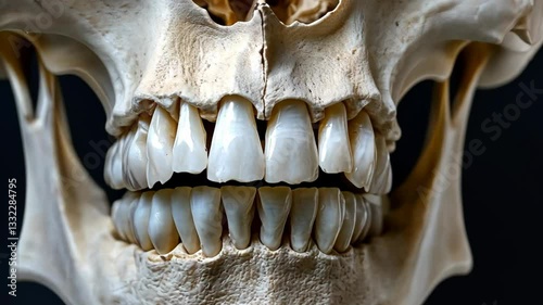 Detailed view of human skull with prominent teeth under dramatic lighting in a study environment