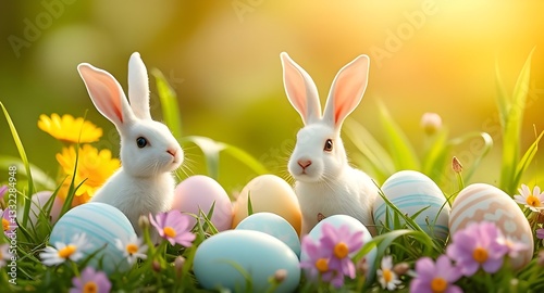 Adorable Easter Bunny with Colorful Eggs in Spring Grass - Easter Celebration Scene