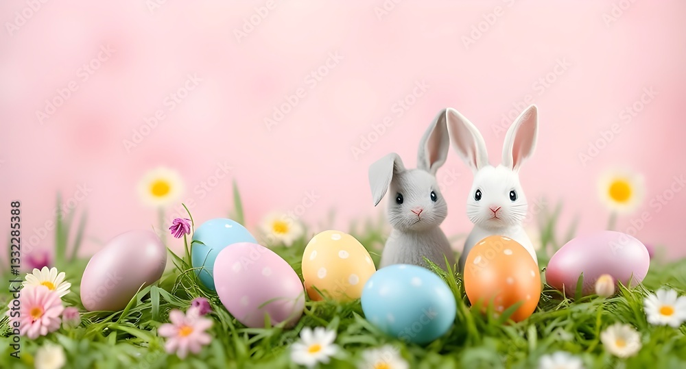 Fototapeta premium Adorable Easter Bunny with Colorful Eggs in Spring Grass - Easter Celebration Scene