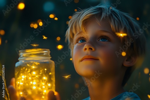 Young Caucasian boy holding illuminated glass jar at dusk with fireflies glowing in warm summer evening, magical childhood moment captured in golden light. photo