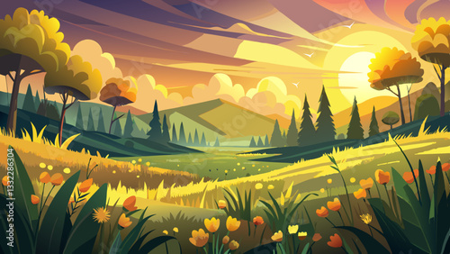 Abstract sunset field landscape of yellow flowers and grass meadow on warm golden hour sunset or sunrise time. Tranquil spring summer nature closeup and blurred forest background. Idyllic 