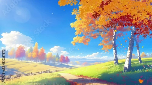 Beautiful sky fantasy landscape with falling leaves sunny forest tree, Autumn scenery, anime or carton illustration style seamless looping animation background