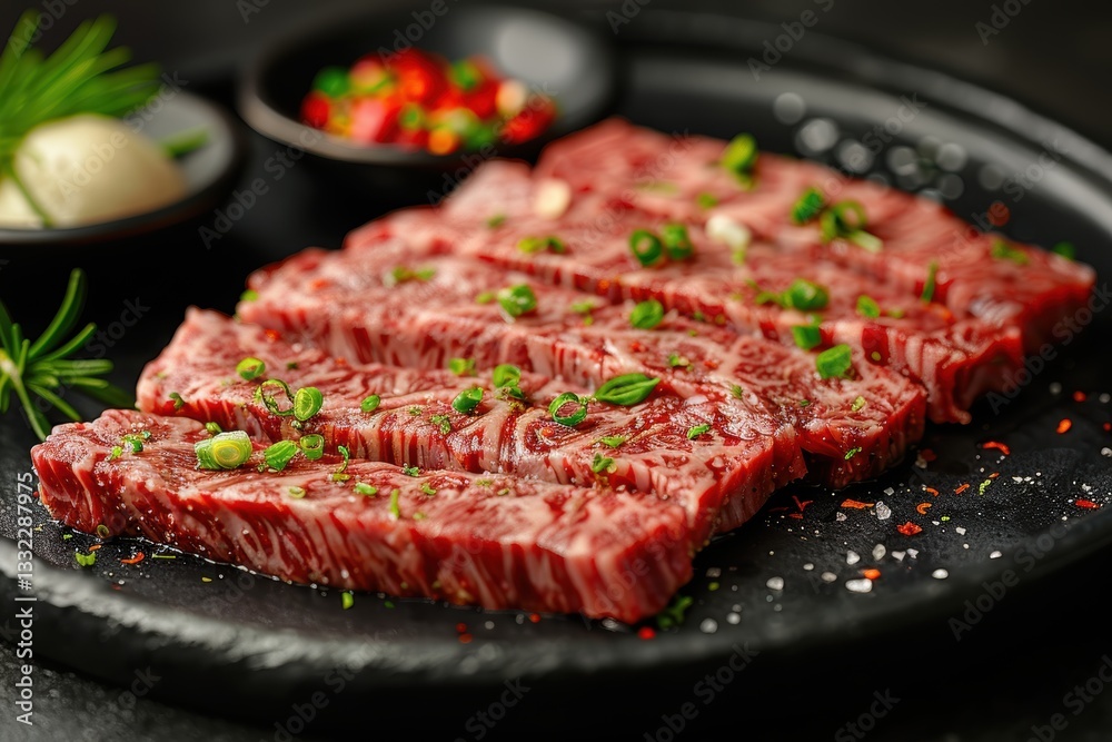 sliced beef steak on black plate. sliced beef steak on black plate.