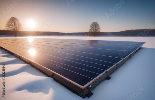 Obraz na płótnie Solar photovoltaic panels on winter nature. Safe energy generation w salonie