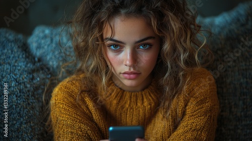 A woman checking her phone, frowning after receiving bad news photo