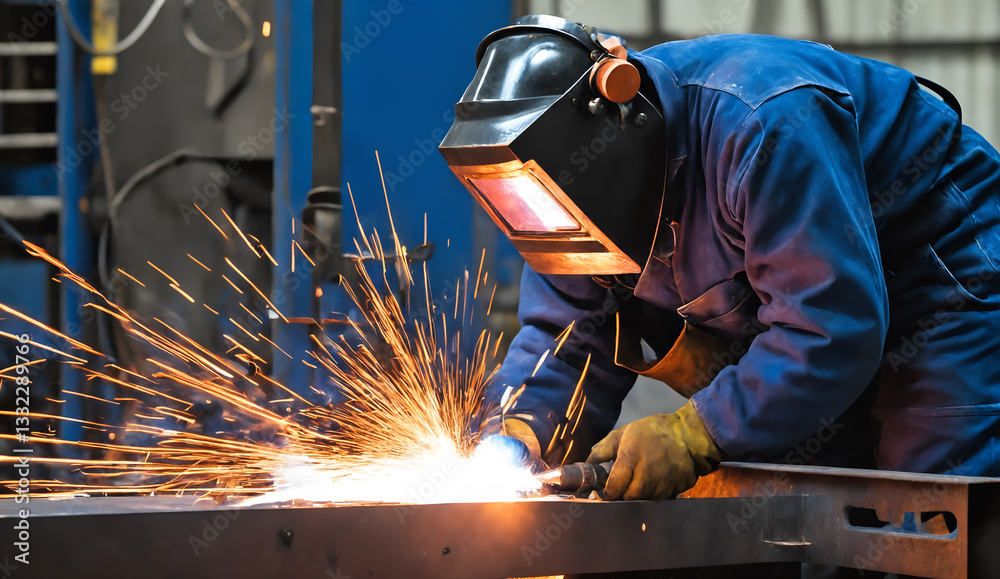 Worker at the factory welding. Industrial manufacturing.