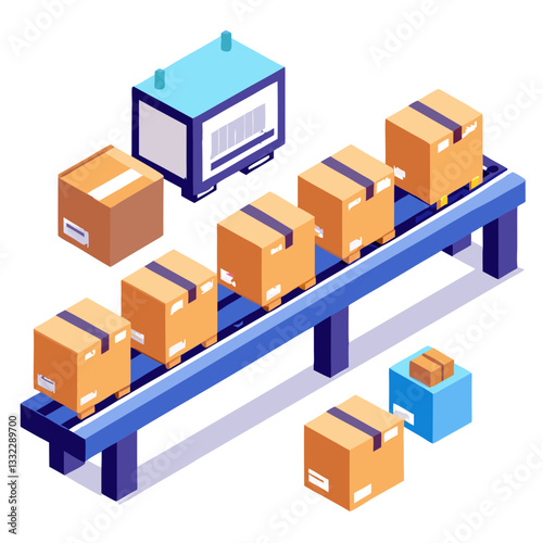 Packages are progressing seamlessly along a digital conveyor belt in a busy logistics center, showcasing efficient sorting and handling of goods for timely delivery