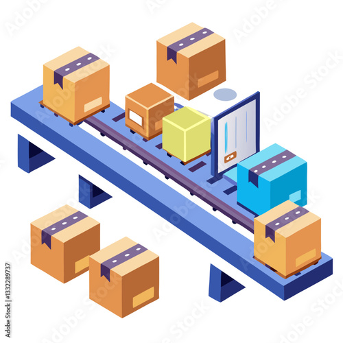 In a busy warehouse, various packages in different colors are smoothly transported on a digital conveyor belt, showcasing efficient sorting and logistics