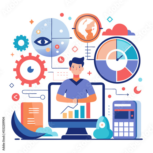 A person analyzes data and trends using predictive modeling tools on a computer. Charts, graphs, and icons surround them, depicting various statistical elements and projections