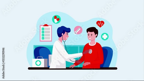 Doctor Checking Patient chest and Body with Stethoscope 2D Animation