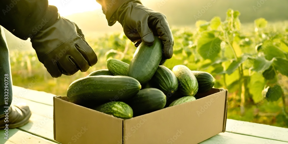 Harvest. Farmer with cucumber vegetables against field