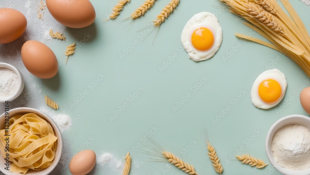 Making pasta. Ingredients on table, frame shape. Flat lay, top view. Copy space
