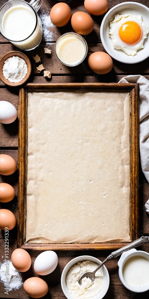 Bakery ingredients on blue. Sweet pastry baking. Top view, copy space