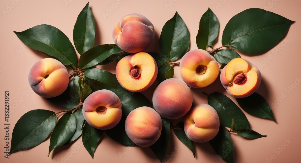Fresh peach fruits with green leaves on bright. Top view flat lay