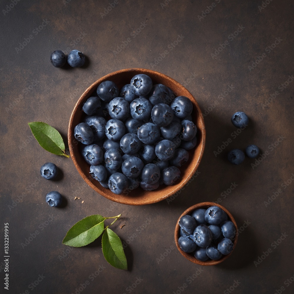 Fresh raw blueberry with green leaves on dark. Top view flat lay