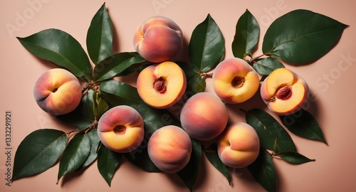 Obraz na płótnie Fresh peach fruits with green leaves on bright. Top view flat lay w salonie
