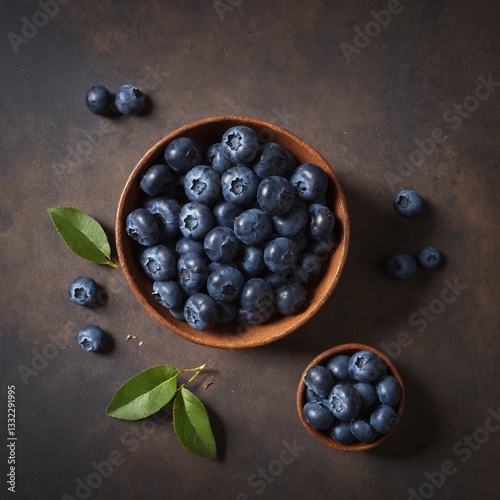 Obraz na płótnie Fresh raw blueberry with green leaves on dark. Top view flat lay w salonie