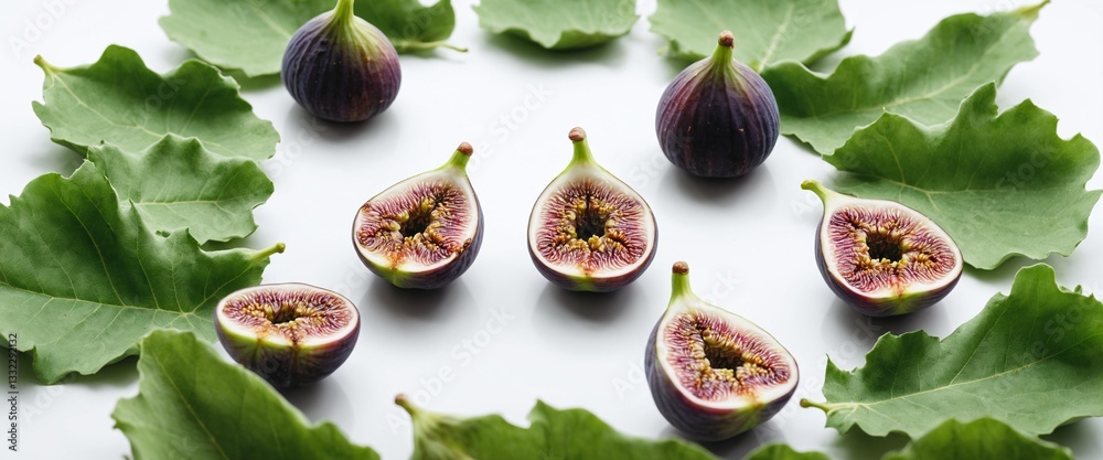 Fresh figs with green leaves on white background.