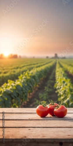 Fresh tomatoes on table, field in background. Harvesting vegetables
